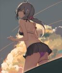  1girl ahoge akebono_(kancolle) ass bikini black_bikini blue_eyes blue_sky breasts closed_mouth clouds commentary eyebrows_visible_through_hair flower from_behind hair_flower hair_ornament highres kantai_collection long_hair looking_at_viewer medium_breasts oweee ponytail purple_hair sky solo swimsuit 