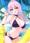  1girl absurdres bangs bikini cu-no day earrings highres hisen_kaede jewelry long_hair looking_at_viewer navel ocean open_mouth outdoors palm_leaf palm_tree scan smile solo stomach swimsuit tree water water_drop 