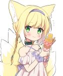  1919_decoy 1girl animal_ears arknights bangs black_collar blonde_hair blush braid collar collarbone commentary_request criss-cross_halter dress flying_sweatdrops food fox_ears green_eyes hairband halterneck highres holding holding_food ice_cream ice_cream_cone infection_monitor_(arknights) looking_at_viewer multicolored_hair multiple_tails off-shoulder_dress off_shoulder oripathy_lesion_(arknights) pink_dress purple_hairband purple_wristband short_hair_with_long_locks simple_background single_braid smile solo streaked_hair suzuran_(arknights) tail white_background white_hair 