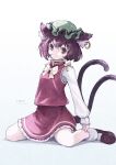  1girl animal_ear_fluff animal_ears bangs bow bowtie brown_eyes brown_hair cat_ears cat_tail character_name chen dress earrings eyebrows_behind_hair gold_trim green_headwear hair_between_eyes hat jewelry looking_at_viewer mob_cap multiple_tails nekomata petticoat red_dress satyuas short_hair simple_background single_earring sitting solo tail touhou two_tails wariza white_background yellow_neckwear 
