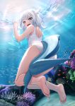  ass barefoot blue_eyes blue_hair feet fish_tail gawr_gura highres hololive hololive_english looking_at_viewer looking_back medium_hair multicolored_hair one-piece_swimsuit shark_tail sharp_teeth silver_hair skyrail soles streaked_hair swimsuit tail teeth two_side_up underwater virtual_youtuber water white_swimsuit 