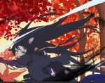  1girl animal_ears arknights autumn bangs beads black_hair black_kimono crack1ya dog_ears dog_girl japanese_clothes kimono leaf long_hair maple_leaf open_mouth parted_bangs prayer_beads saga_(arknights) solo yellow_eyes 