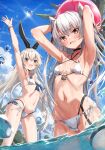  2girls alternate_costume amatsukaze_(kancolle) arm_up armpits arms_up ball bikini black_eyes black_hairband blonde_hair blue_sky bracelet breasts check_commentary choker clouds commentary_request day fang hairband highleg highleg_bikini highres holding holding_ball jewelry kantai_collection layered_bikini long_hair looking_at_viewer multiple_girls navel open_mouth outdoors partially_submerged shimakaze_(kancolle) side-tie_bikini silver_hair skin_fang sky small_breasts smile string_bikini swimsuit takanashi_kei_(hitsujikan) two_side_up very_long_hair wading water water_drop wet white_bikini 