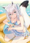  1girl absurdres animal_ears ball beachball bikini blue_bikini blue_eyes braid braided_bangs fox_ears frilled_skirt frills hair_ornament hair_ribbon highres hololive inflatable_raft koubou_(cowbow_kun) long_hair ribbon shirakami_fubuki side_ponytail skirt swimsuit white_hair white_skirt 