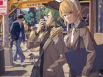  2girls bag black_headwear blonde_hair blue_eyes bow brown_coat cabbie_hat closed_eyes coat commentary covering_mouth dog expressionless food green_hair gumi hair_bow hand_in_pocket hat holding holding_food kagamine_rin looking_at_viewer multiple_girls outdoors sandwich shirt short_hair shoulder_bag sidelocks signpost urban vocaloid white_bow white_shirt wounds404 yawning 
