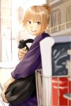  1girl :d bag blonde_hair blush brown_eyes commentary_request from_side hair_bun highres holding holding_bag kilye_kairi looking_at_viewer looking_to_the_side open_mouth original purple_shirt shirt smile solo upper_body 