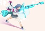  1girl apex_legends black_skirt blue_hair dolphin_hair_ornament energy_barrier energy_shield floating_clothes grey_footwear gun holding holding_gun holding_weapon karekima kraber looking_back nijisanji nishizono_chigusa open_mouth red_eyes rifle short_hair skirt smile sniper_rifle solo weapon 