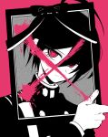  1boy ahoge alternate_eye_color bangs black_hair buttons commentary_request cross dangan_ronpa_(series) dangan_ronpa_v3:_killing_harmony double-breasted grey_background hair_between_eyes hand_up iei jacket long_sleeves looking_at_viewer pink_background pink_blood saihara_shuuichi sasakama_(sasagaki01) short_hair simple_background solo spot_color upper_body 