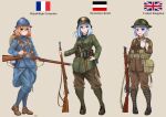  3girls absurdres ammunition_pouch ankle_boots backpack bag belt_buckle blonde_hair blue_eyes blue_hair bob_cut bolt_action boots buckle canteen club coffee_mug commentary cup entrenching_tool explosive french_flag green_eyes grenade gun helemet highres imperial_german_flag lebel_model_1886 lee-enfield load_bearing_equipment long_hair looking_at_viewer mauser_98 medium_hair mess_kit military military_uniform mole mole_under_eye mug multiple_girls open_mouth original pouch purple_hair puttee rifle ryuukihei_rentai shell_casing simple_background sling soldier stick_grenade uniform union_jack violet_eyes weapon world_war_i 