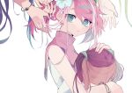  1girl bracelet hiiragi_yuzu hug pink_hair short_twintails tasutekete tenjouin_asuka_(cosplay) yuu-gi-ou yuu-gi-ou_arc-v 