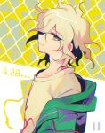  1boy bangs blonde_hair closed_mouth collarbone commentary_request dangan_ronpa_(series) dangan_ronpa_2:_goodbye_despair dated from_side grey_background grey_jacket hair_between_eyes jacket komaeda_nagito looking_at_viewer male_focus medium_hair messy_hair multicolored multicolored_background orange_background print_shirt profile sasakama_(sasagaki01) shiny shiny_hair shirt smile solo upper_body white_background yellow_background 