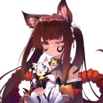  1girl 3: absurdres amagi-chan_(azur_lane) animal_ears azur_lane bangs bell blunt_bangs brown_hair calligraphy_brush cat collar commentary_request eyebrows_visible_through_hair fox_ears highres ink long_hair long_sleeves looking_at_viewer manjuu_(azur_lane) neck_bell off-shoulder_kimono one_eye_closed paintbrush rope shimenawa sidelocks thick_eyebrows twintails violet_eyes white_background wide_sleeves yuking 