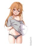  1girl bare_shoulders blush brown_eyes collarbone drooling ebifurya eyebrows_visible_through_hair glasses grey_panties grey_shirt highres holding holding_pillow kantai_collection long_hair looking_at_viewer mochizuki_(kancolle) navel off-shoulder_shirt off_shoulder open_mouth orange_hair panties pillow red-framed_eyewear saliva semi-rimless_eyewear shirt short_sleeves simple_background solo t-shirt thighs twitter_username under-rim_eyewear underwear white_background 