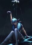  1girl ahoge arm_up artstation_username bangs blue_eyes blue_gloves blue_legwear commentary dark_background doll_joints drill_hair earrings foot_out_of_frame glasgow_smile gloves green_eyes gwen_(league_of_legends) heterochromia highres isaac_liew jewelry joints knees_up league_of_legends lips long_hair looking_down pantyhose puppet puppet_strings scissor_blade scissors short_sleeves sitting skirt solo swept_bangs twin_drills twintails violet_eyes 