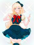  1girl bangs belt black_bow black_legwear blonde_hair bow bracelet braid commentary_request dangan_ronpa_(series) dangan_ronpa_2:_goodbye_despair dokudokudoku dress french_braid gem green_dress green_eyes grey_background hair_bow hands_up highres jewelry long_hair puffy_short_sleeves puffy_sleeves red_bow red_neckwear shiny shiny_clothes short_sleeves smile solo sonia_nevermind sparkle thigh-highs very_long_hair white_belt 