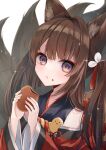  1girl :t amagi-chan_(azur_lane) animal_ears azur_lane bangs blunt_bangs brown_hair commentary_request eating eyebrows_visible_through_hair eyes_visible_through_hair eyeshadow food food_on_face fox_ears fox_girl fox_tail grey_eyes highres holding holding_food japanese_clothes kyuubi long_hair looking_at_viewer makeup manjuu_(azur_lane) multiple_tails off-shoulder_kimono off_shoulder ougi_(u_to4410) revision rope shimenawa sidelocks simple_background solo sparkle tail twintails white_background 