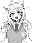  1girl :d ahoge akamatsu_kaede animal_ears bangs blush breasts cat_ears collared_shirt dangan_ronpa_(series) dangan_ronpa_v3:_killing_harmony eyebrows_visible_through_hair fang greyscale hands_up large_breasts long_hair looking_at_viewer monochrome necktie notice_lines open_mouth paw_pose sasakama_(sasagaki01) shirt smile solo upper_body vest 