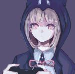  1girl akitsu_(davis0527dx) bangs black_background black_jacket black_shirt blunt_bangs brown_eyes brown_hair commentary controller dangan_ronpa_(series) dangan_ronpa_2:_goodbye_despair eyebrows_visible_through_hair frown hair_ornament holding holding_controller hood hood_up jacket long_sleeves looking_at_viewer medium_hair nanami_chiaki neck_ribbon pink_ribbon playing_games portrait ribbon shirt simple_background solo spaceship_hair_ornament two-tone_shirt white_shirt 