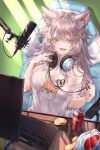  1girl absurdres animal_ear_fluff animal_ears bangs blue_eyes blush bra breasts can chair commentary_request drinking_straw eyebrows_visible_through_hair fangs food gaming_chair hair_between_eyes headphones headphones_around_neck highres indoors keyboard_(computer) kithera korean_commentary large_breasts long_hair looking_at_viewer microphone monitor off_shoulder on_chair open_mouth original pink_bra shirt short_sleeves silver_hair sitting soda_can solo underwear white_shirt 