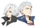  2boys blue_eyes closed_mouth collarbone devil_may_cry_(series) devil_may_cry_5 expressionless green_eyes hair_over_shoulder jewelry kuronohana male_focus multiple_boys necklace nero_(devil_may_cry) popped_collar portrait serious simple_background smile v_(devil_may_cry) white_background white_hair 