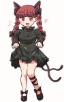  1girl :3 :d animal_ears bangs black_bow black_dress black_footwear black_ribbon blunt_bangs bow braid cat_ears cat_tail clothes_lift dress dress_lift eighth_note extra_ears eyebrows_visible_through_hair footwear_bow full_body hair_bow heart highres kaenbyou_rin leg_ribbon lifted_by_self long_hair long_sleeves looking_at_viewer multiple_tails musical_note nekomata open_mouth red_eyes redhead ribbon rokugou_daisuke side_braids signature simple_background smile solo standing tail thighs touhou twin_braids two_tails white_background 