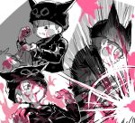  1boy ball bangs blood blood_on_face blush_stickers clenched_teeth commentary_request dangan_ronpa_(series) dangan_ronpa_v3:_killing_harmony fang grey_background hands_up hat highres holding hoshi_ryouma jacket looking_at_viewer male_focus multiple_views pink_blood spot_color suurin_(ksyaro) teeth 