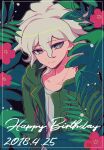  1boy bangs closed_mouth collarbone commentary_request dangan_ronpa_(series) dangan_ronpa_2:_goodbye_despair dated flower green_eyes green_jacket grey_hair hair_between_eyes happy_birthday highres jacket komaeda_nagito looking_at_viewer male_focus medium_hair messy_hair open_clothes open_jacket print_shirt red_flower sasakama_(sasagaki01) shiny shiny_hair shirt smile solo upper_body 