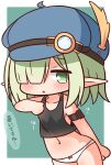  1girl :o ahoge aoi_(princess_connect!) bangs bare_arms bare_shoulders black_tank_top blue_headwear blush bow bow_panties cabbie_hat commentary_request elf eyebrows_visible_through_hair green_background green_eyes hair_over_one_eye hana_kazari hand_up hat hat_feather highres looking_at_viewer navel panties parted_lips pointy_ears princess_connect! solo tank_top translation_request two-tone_background underwear white_background white_panties yellow_feathers 