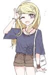  1girl :d ;d akamatsu_kaede amami_rantarou amami_rantarou_(cosplay) arm_at_side bag bangs blonde_hair blush brown_shorts collarbone commentary_request cosplay cowboy_shot dangan_ronpa_(series) dangan_ronpa_v3:_killing_harmony ear_piercing eyebrows_visible_through_hair fc_(efushii) hair_ornament hand_up horizontal_stripes jewelry long_hair looking_at_viewer necklace one_eye_closed open_mouth piercing shiny shiny_hair shirt shirt_tucked_in short_shorts short_sleeves shorts shoulder_bag smile solo striped striped_shirt white_background white_bag wide_sleeves 