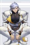  1boy absurdres armor black_bodysuit blue_eyes bodysuit boots fate/grand_order fate_(series) grey_hair highres knee_boots large_pectorals looking_at_viewer male_focus muscular muscular_male none_(kameko227) pectorals percival_(fate) short_hair shoulder_armor simple_background smile solo 