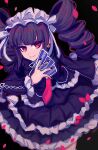  1girl bangs black_background black_hair black_nails blunt_bangs bonnet card celestia_ludenberg commentary_request dangan_ronpa:_trigger_happy_havoc dangan_ronpa_(series) drill_hair frilled_skirt frills gothic_lolita hand_up holding holding_card layered_skirt lolita_fashion long_hair long_sleeves looking_at_viewer necktie playing_card red_eyes red_neckwear sasakama_(sasagaki01) skirt smile solo twin_drills twintails 