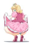  1girl automatic_giraffe blonde_hair blue_eyes clothes_lift crown dress dress_lift earrings elbow_gloves gloves jewelry long_hair looking_at_viewer looking_back super_mario_bros. panties pink_dress princess_peach simple_background smile solo thigh-highs underwear white_background white_gloves 