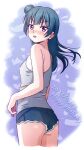  1girl 2021 akihitohappy ass black_shorts blue_hair blush cowboy_shot dated floating_hair grey_shirt hair_bun happy_birthday highres long_hair looking_at_viewer love_live! love_live!_sunshine!! micro_shorts open_mouth red_eyes shiny shiny_hair shirt shorts sketch sleeveless sleeveless_shirt solo standing straight_hair tsushima_yoshiko 