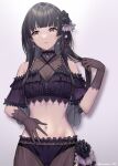  1girl bangs black_hair black_panties earrings embroidery flower frills hair_flower hair_ornament highres idolmaster idolmaster_shiny_colors jewelry long_hair mayuzumi_fuyuko midriff navel panties see-through takeko_spla underwear 