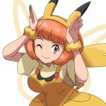  1girl :3 arms_up bangs blunt_bangs blush breasts brown_eyes closed_mouth commentary_request dress eyelashes hairband highres looking_at_viewer one_eye_closed orange_hair pikala pokemon pokemon_(anime) pokemon_ears pokemon_sm_(anime) pokemon_tail saon101 scrunchie shirt short_hair short_sleeves smile solo tail white_background wrist_scrunchie yellow_dress yellow_hairband 