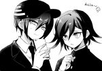  2boys bangs cellphone collared_shirt commentary_request dangan_ronpa_(series) dangan_ronpa_v3:_killing_harmony emoji flipped_hair greyscale hair_between_eyes hat highres holding holding_phone monochrome multiple_boys necktie official_alternate_costume open_mouth ouma_kokichi phone portrait saihara_shuuichi sasakama_(sasagaki01) shiny shiny_hair shirt short_hair simple_background thinking_emoji translation_request white_background 