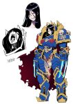 1girl black_hair black_sclera cape claw_(weapon) colored_sclera genderswap genderswap_(mtf) highres konrad_curze lighting_claws long_hair night_lords pale_skin power_armor primarch ribs ryuusei_(mark_ii) scar scowl screaming sharp_teeth signature skull teeth warhammer_40k weapon