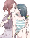  2girls 66ta1yak1 age_difference blue_hair closed_eyes commentary_request eyebrows_visible_through_hair eyes_visible_through_hair food hanamura_sayaka hanamura_yuuki highres imminent_kiss incest mother_and_daughter multiple_girls popsicle red_eyes redhead shirt short_hair simple_background sitting sleeveless sleeveless_shirt striped striped_shirt watermelon_bar white_background yuri yuru_oyako 