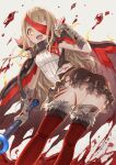  1girl absurdres bandages bangs blonde_hair blood blood_splatter bloody_bandages blunt_bangs boots buckle cape dress eyepatch fang fur_trim grey_background happy highres holding holding_weapon hood little_red_riding_hood_(sinoalice) long_hair looking_at_viewer multiple_views nomi_(kurocxx110) one_eye_covered open_mouth scratches sidelocks simple_background sinoalice solo thigh-highs thigh_boots torn_cape torn_clothes turnaround wavy_hair weapon 
