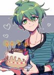  1boy amami_rantarou antenna_hair bangs birthday_cake bracelet cake candle candlelight closed_mouth commentary_request dangan_ronpa_(series) dangan_ronpa_v3:_killing_harmony ear_piercing earrings food fruit green_eyes green_hair grey_background hair_between_eyes happy_birthday heart jewelry long_sleeves looking_at_viewer male_focus necklace piercing plate ring sasakama_(sasagaki01) shiny shiny_hair shirt short_hair smile solo strawberry striped striped_shirt upper_body 