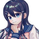  1girl bangs black_hair blue_eyes blue_hair blue_sailor_collar closed_mouth commentary_request dangan_ronpa:_trigger_happy_havoc dangan_ronpa_(series) esu_(tasoesu) hair_between_eyes hair_ornament hairclip hand_on_own_chin hand_up long_hair long_sleeves looking_at_viewer maizono_sayaka sailor_collar school_uniform serafuku shiny shiny_hair shirt simple_background smile solo upper_body white_background white_shirt 