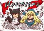  2girls :d ^_^ absurdres animal_ears arms_up atago_(azur_lane) atago_(kancolle) azur_lane bangs beret black_gloves black_hair blonde_hair blue_headwear blue_jacket breaking breasts closed_eyes commentary_request crossover daigorou_(42036928) dog_ears emphasis_lines eyebrows_visible_through_hair gloves hair_between_eyes hat highres jacket kantai_collection large_breasts long_hair long_sleeves military military_uniform multiple_girls open_mouth pan-pa-ka-paaan! redrawn rubble shouting sidelocks simple_background smile standing swept_bangs translation_request uniform upper_body white_background white_jacket 