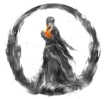  1girl covered_eyes dark_souls_iii dress fire_keeper hands_up headpiece highres long_hair parted_lips shimhaq signature solo souls_(series) standing white_background 