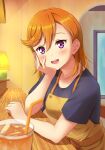  1girl apron arm_rest bangs black_shirt blush breasts cafe counter cup drinking_glass drinking_straw elbow_rest hair_between_eyes head_rest highres lamp long_hair looking_at_viewer love_live! love_live!_superstar!! open_mouth orange_hair qy73 shibuya_kanon shirt short_sleeves smile solo upper_body upper_teeth violet_eyes 