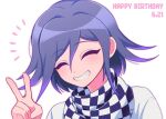  1boy bangs black_scarf blush checkered checkered_neckwear closed_eyes commentary_request dangan_ronpa_(series) dangan_ronpa_v3:_killing_harmony dated eyebrows_visible_through_hair facing_viewer grin happy_birthday male_focus ouma_kokichi portrait purple_hair sasakama_(sasagaki01) scarf short_hair simple_background smile solo upper_body v white_background white_scarf 