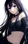  1girl bare_shoulders black_choker black_hair black_shirt blue_eyes breasts choker closed_mouth crop_top earrings expressionless highres jewelry long_hair long_sleeves looking_at_viewer medium_breasts midriff mole mole_under_eye moon_so_00 navel off-shoulder_shirt off_shoulder original shirt simple_background solo stomach upper_body white_background 