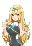  1girl absurdres aotsuba bangs blonde_hair breasts closed_mouth glowing hair_between_eyes hair_ornament highres long_hair looking_at_viewer mythra_(xenoblade) one-piece_swimsuit simple_background smile solo swimsuit white_background white_swimsuit xenoblade_chronicles_(series) xenoblade_chronicles_2 yellow_eyes 