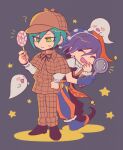  2boys :d :o bangs black_background black_ribbon blush_stickers brown_capelet brown_jacket brown_pants candy capelet commentary_request costume dangan_ronpa_(series) dangan_ronpa_v3:_killing_harmony deerstalker detective food frown full_body ghost green_hair hair_between_eyes hat holding jacket jester jester_cap laughing lollipop magnifying_glass male_focus multiple_boys neck_ribbon notice_lines official_alternate_costume open_mouth ouma_kokichi pants ribbon saihara_shuuichi sasakama_(sasagaki01) shiny shiny_hair short_sleeves smile standing yellow_eyes 