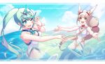  2girls animal_ears bangs breasts chest_jewel facial_mark green_eyes green_hair hey_cre large_breasts long_hair low_twintails multiple_girls nia_(blade)_(xenoblade) nia_(xenoblade) pneuma_(xenoblade) ponytail silver_hair swept_bangs swimsuit twintails very_long_hair xenoblade_chronicles_(series) xenoblade_chronicles_2 yellow_eyes 