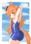  1girl absurdres animal_ears armpits arms_behind_head arms_up ass bangs bare_arms bare_shoulders black_ribbon blue_swimsuit blush brown_eyes chestnut_mouth clip_studio_paint_(medium) commentary_request day ear_ribbon eyebrows_visible_through_hair highres horse_ears horse_girl horse_tail long_hair maru_shion mayano_top_gun_(umamusume) one-piece_swimsuit orange_hair parted_lips ribbon solo stretch swimsuit tail twintails two_side_up umamusume very_long_hair 